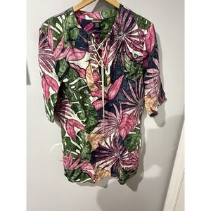 TOMMY BAHAMA Women's‎ S Remy Retro Linen LaceUp Dress Tunic Mini  Floral Pockets